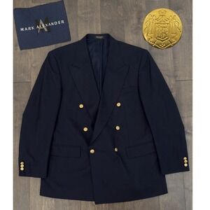Vintage Mark Alexander Men 42R Navy Blue Double Breasted Wool Blazer Gold Button
